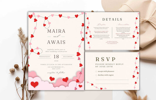 Romantic Wedding Invitation Template, Wedding Invitations Valentine Suite, RSVP, Detail Card, Red Hearts Invitation, Pink Heart Invite. WI97