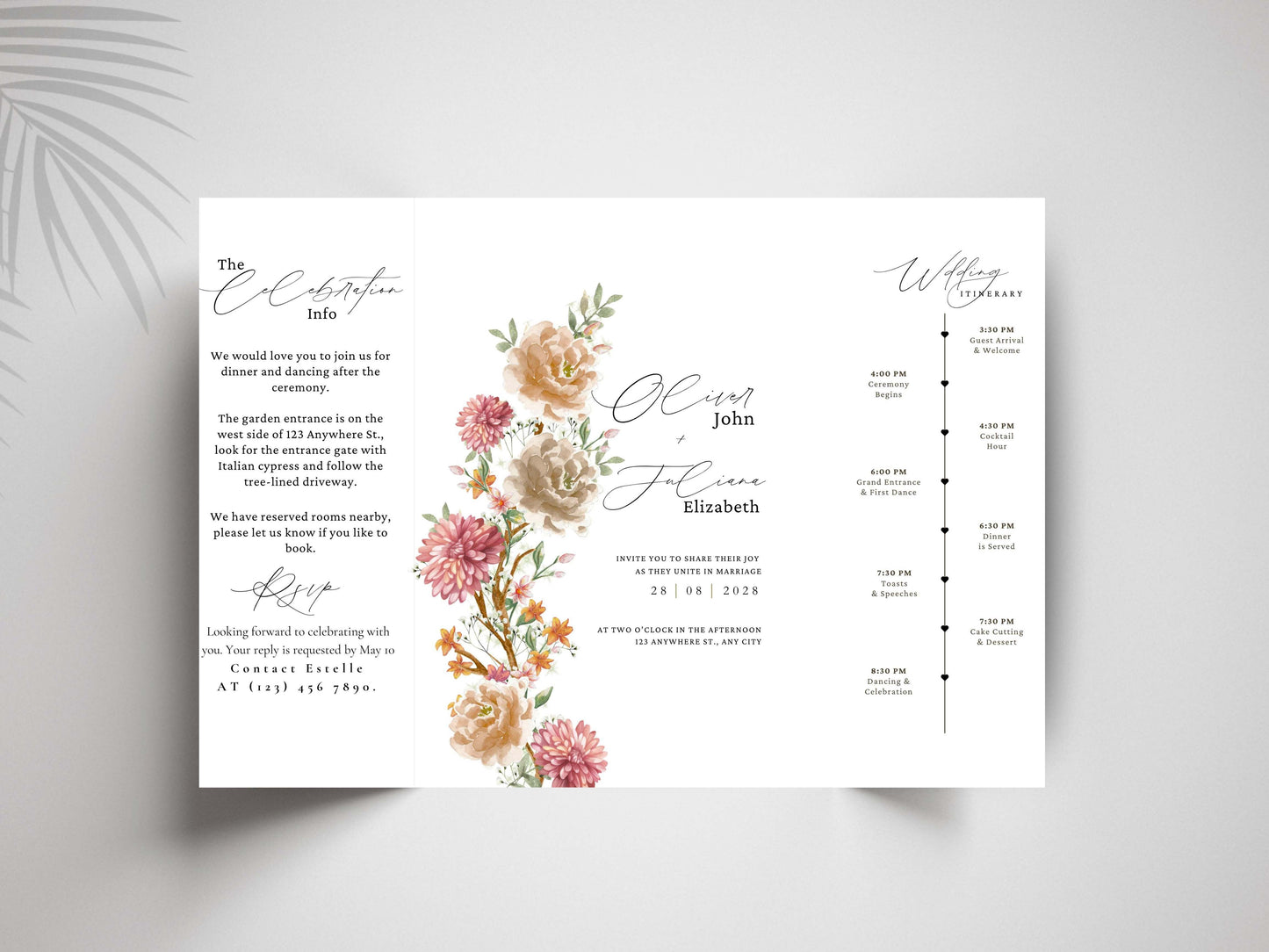 Gatefold Wedding Invitation Template with Itinerary | Floral Boho Wedding Invite | RSVP & Timeline Card | Printable Digital Download. WI165