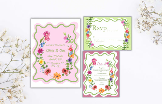 Pink Floral Wedding Invitation Template, Summer Wedding Invitation Suite, Botanical Invitation, Instant Download. WSB62
