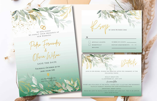 Sage Green Wedding Invitation Template, Editable Template, Greenery Eucalyptus Invitation Suite, Wedding Invites Template Editable. WI96
