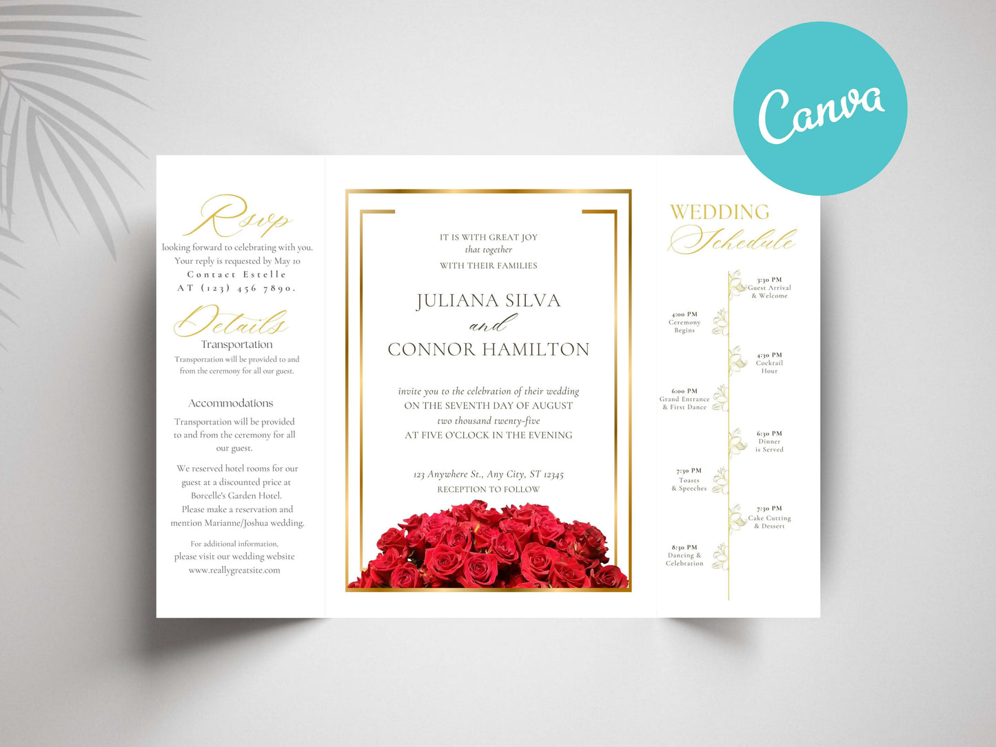 Elegant Red Rose Gatefold Wedding Invitation | Romantic Floral Wedding Card | Printable Invitation Suite | Red Wedding Timeline | WI140