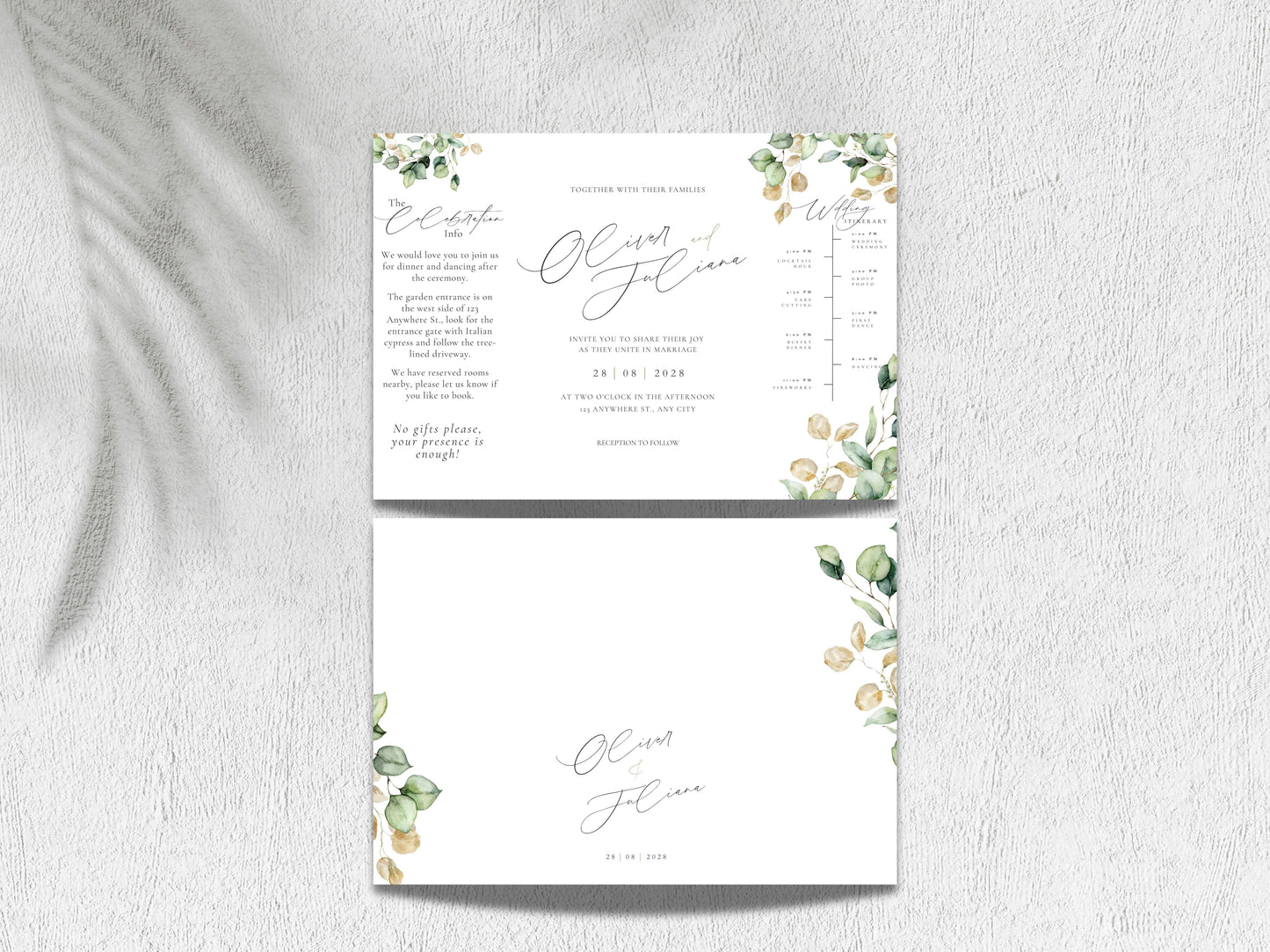Gatefold Wedding Invitation Template | Green Folded Invite | Printable Ceremony Card | Modern Wedding Schedule Design. WIB127