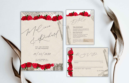 Red Wedding Invitation Template , Red Roses Invite, Elegant Red Rose Wedding Invitation, Editable, Rsvp, Details, Digital Download. WI113