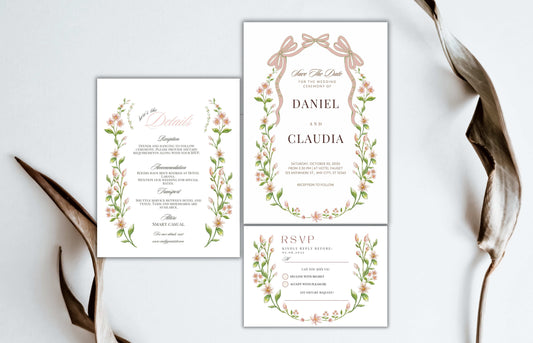 Ribbon Bow Wedding invitation Pink Green floral wedding invite, Spring summer wedding invitation suite, RSVP, Details Card, Editable WIB82