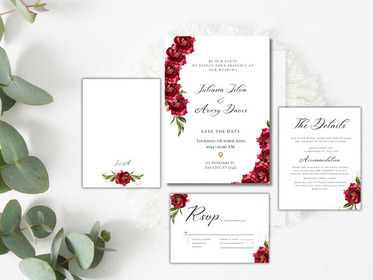 Red Rose Wedding Invitation set, Red Rose RSVP, Dark Red floral, Elegant Red Rose wedding Invitation, Details, Editable Template. 22
