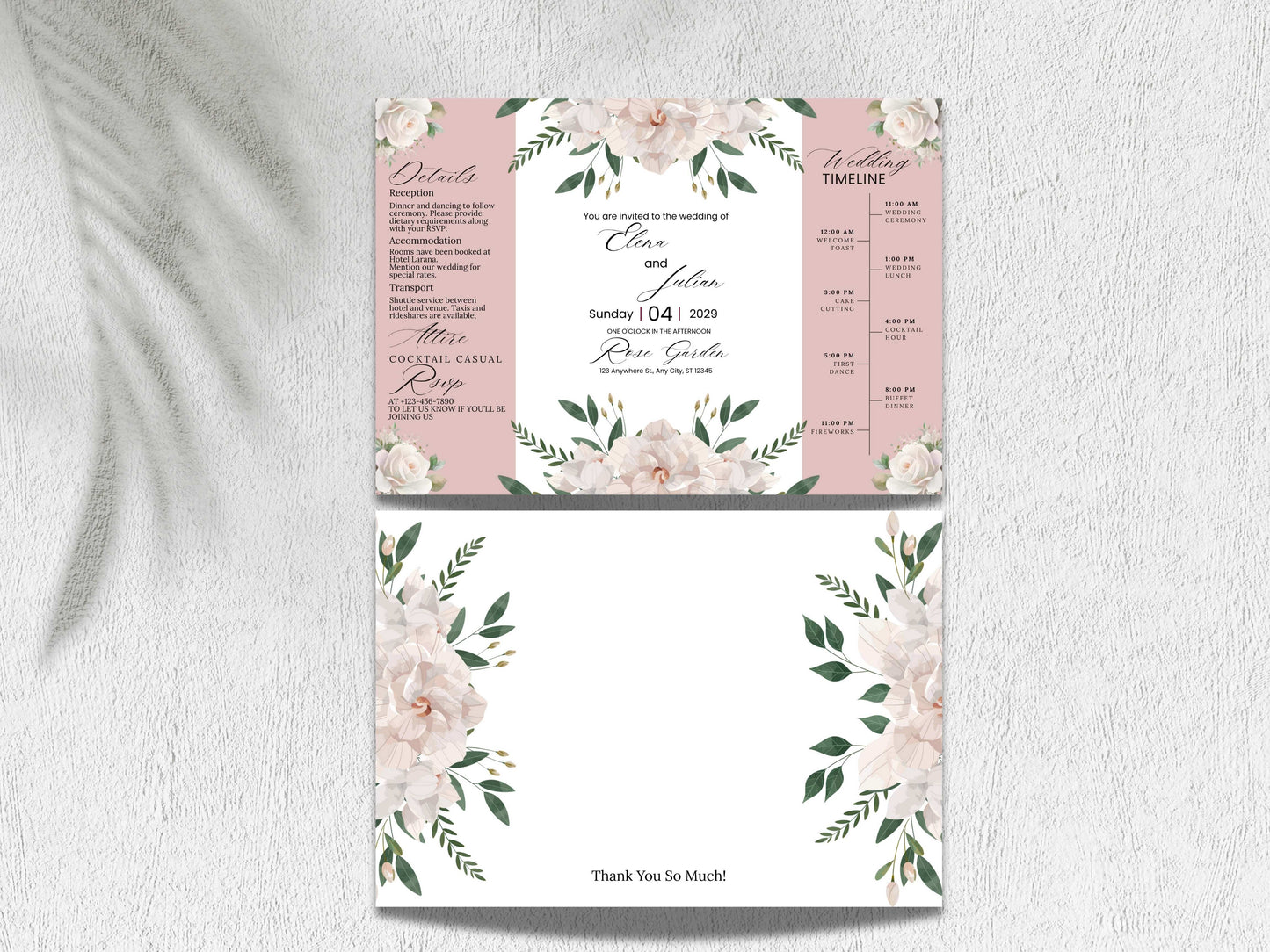 Gatefold Floral Wedding Invitation with Timeline – Rose Garden Theme | Gatefold Editable Invite | Editable Template. WIB120