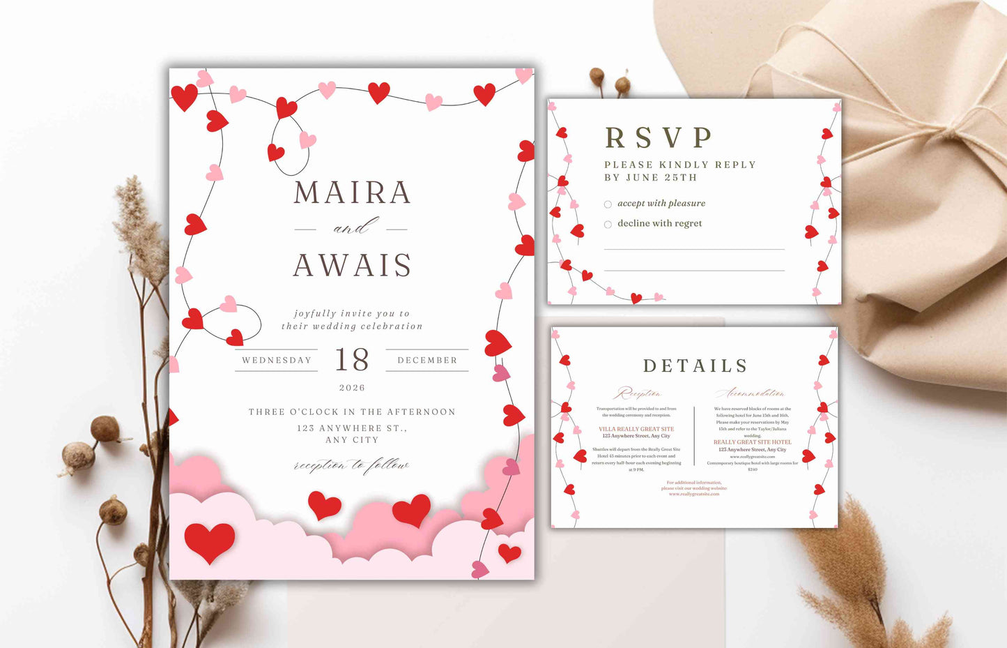 Romantic Wedding Invitation Template, Wedding Invitations Valentine Suite, RSVP, Detail Card, Red Hearts Invitation, Pink Heart Invite. WI98