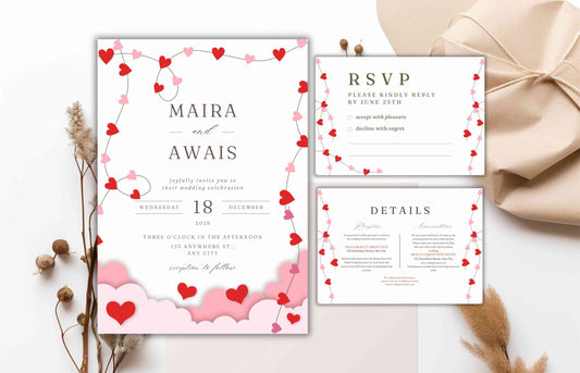 Romantic Wedding Invitation Template, Wedding Invitations Valentine Suite, RSVP, Detail Card, Red Hearts Invitation, Pink Heart Invite. WI98