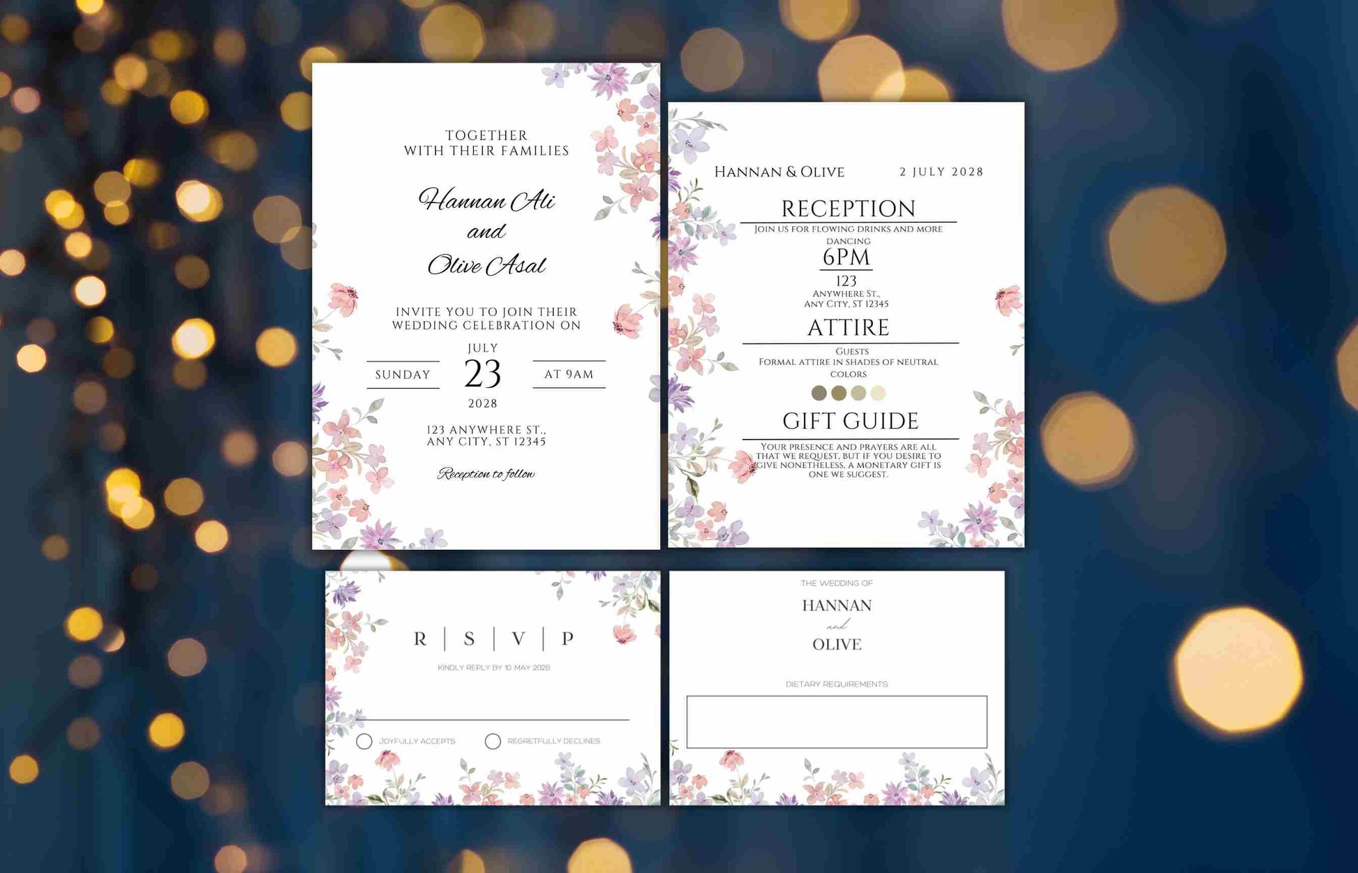 Wildflower Wedding Invitation Template, Printable Wedding Invitation, Pink and purple Invitation, Wedding Suite, RSVP, Details. WI101 - A1 Majestic