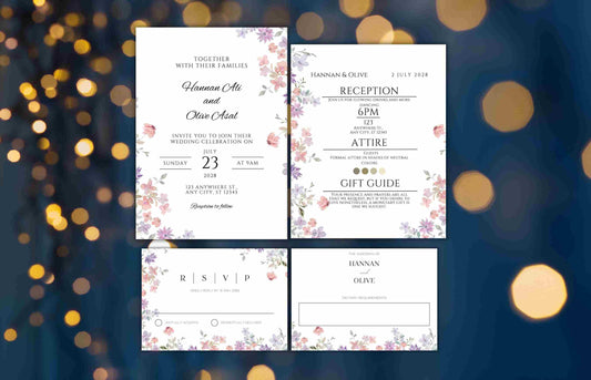 Wildflower Wedding Invitation Template, Printable Wedding Invitation, Pink and purple Invitation, Wedding Suite, RSVP, Details. WI101 - A1 Majestic