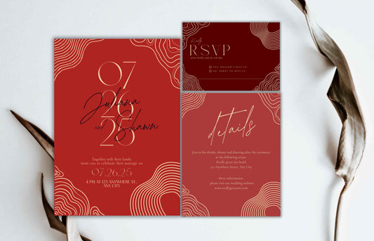Red Wedding Invitations | Retro Themed Wedding Invitation Set | Editable Modern Digital Download Invite Template | Boho. WI110