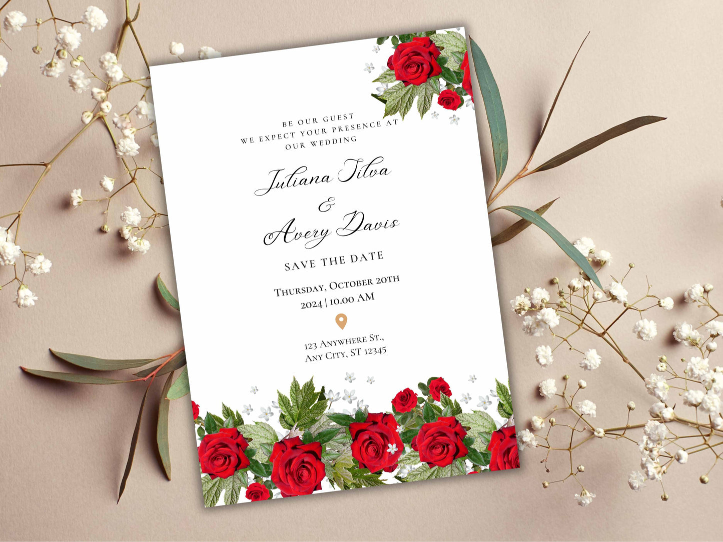 Red rose wedding invitation template set, Printable wedding suite, RSVP card, Details Card. 23