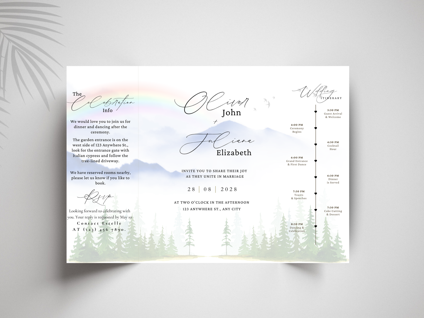 Mountain Wedding Invitation Template | Watercolor Forest Itinerary Invite | Rustic Outdoor Wedding Program | Editable Template.wi177