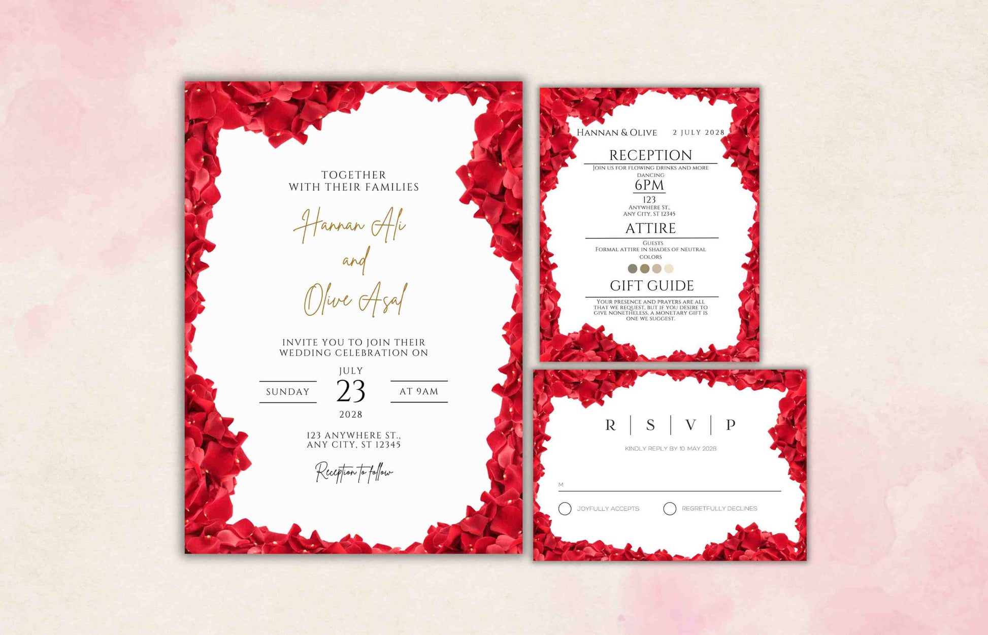 Red Rose Patels Wedding Invitation set, Red Rose Patel RSVP, Dark Red floral, Red Rose wedding Invitation, Details , Editable, Template, 102 - A1 Majestic