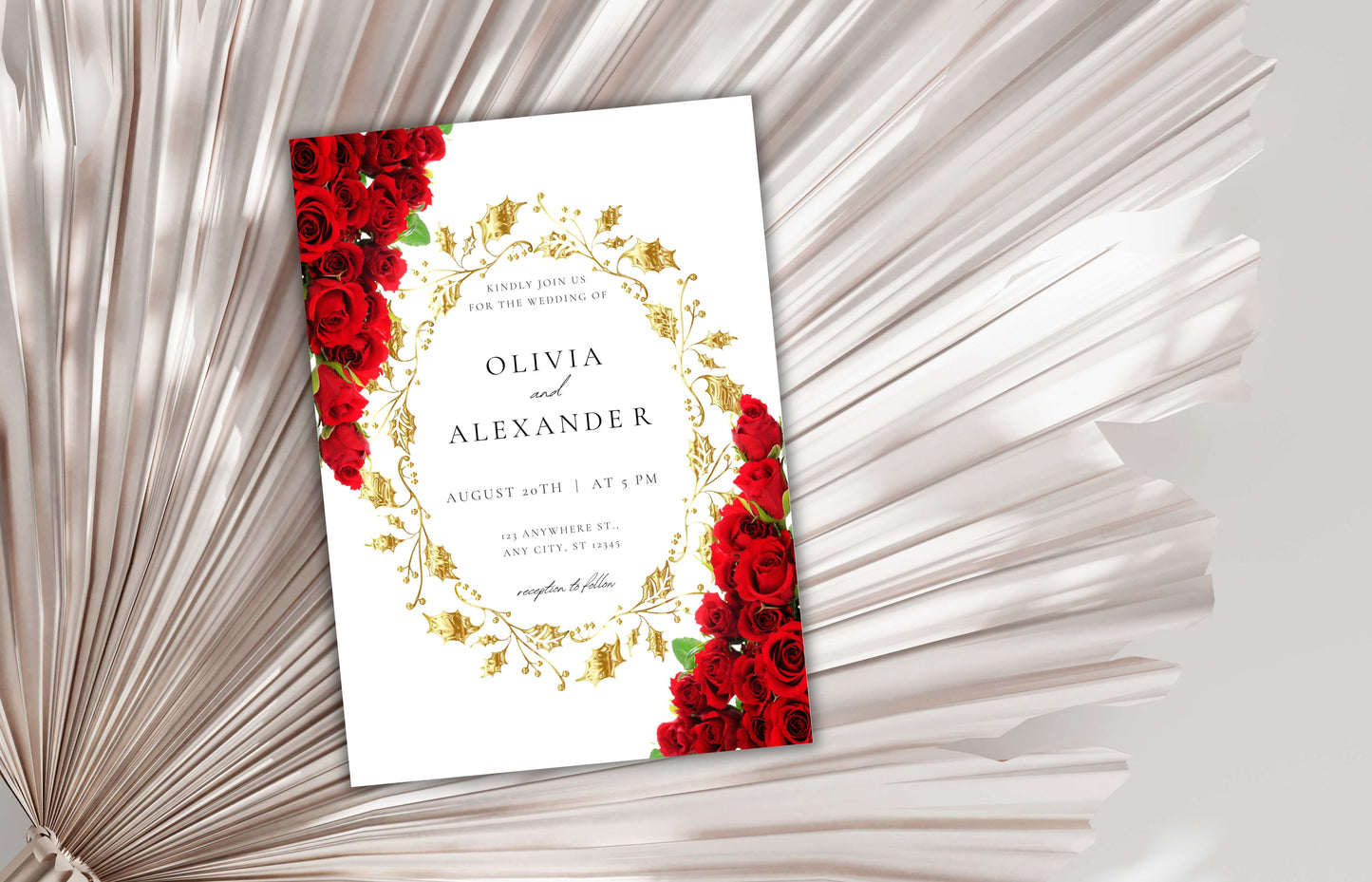 Red Rose Wedding Invitation Gold Frame set, Red Rose Wedding Invitation, Red Roses Wedding Invitation set, Editable Rsvp, Detail Card. WI121