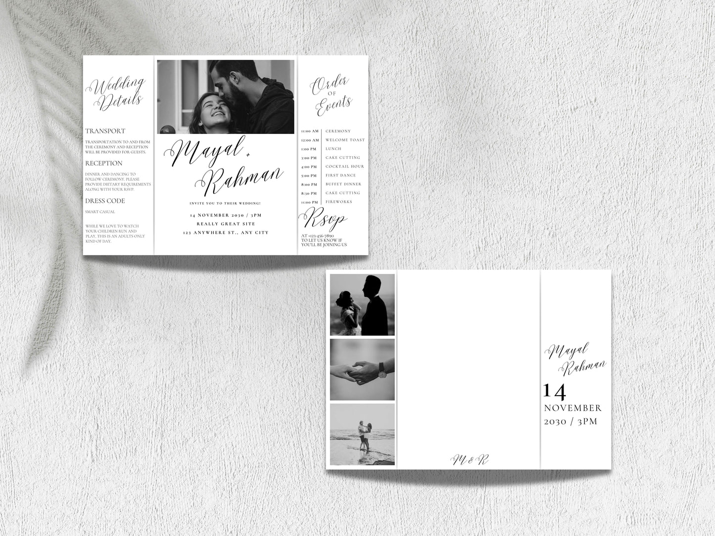 Gatefold Wedding Invitation Template | Elegant Black & White Folded Invite with RSVP Timeline | Printable Wedding Card with Photo. WEIB123