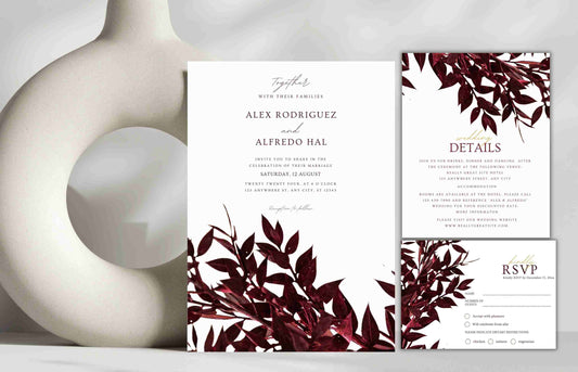 Burgundy wedding invitation, Wedding Invitation Suite, Editable, Printable Template, Editable Rsvp Details Card, Wine Wedding Invite. WI105 - A1 Majestic