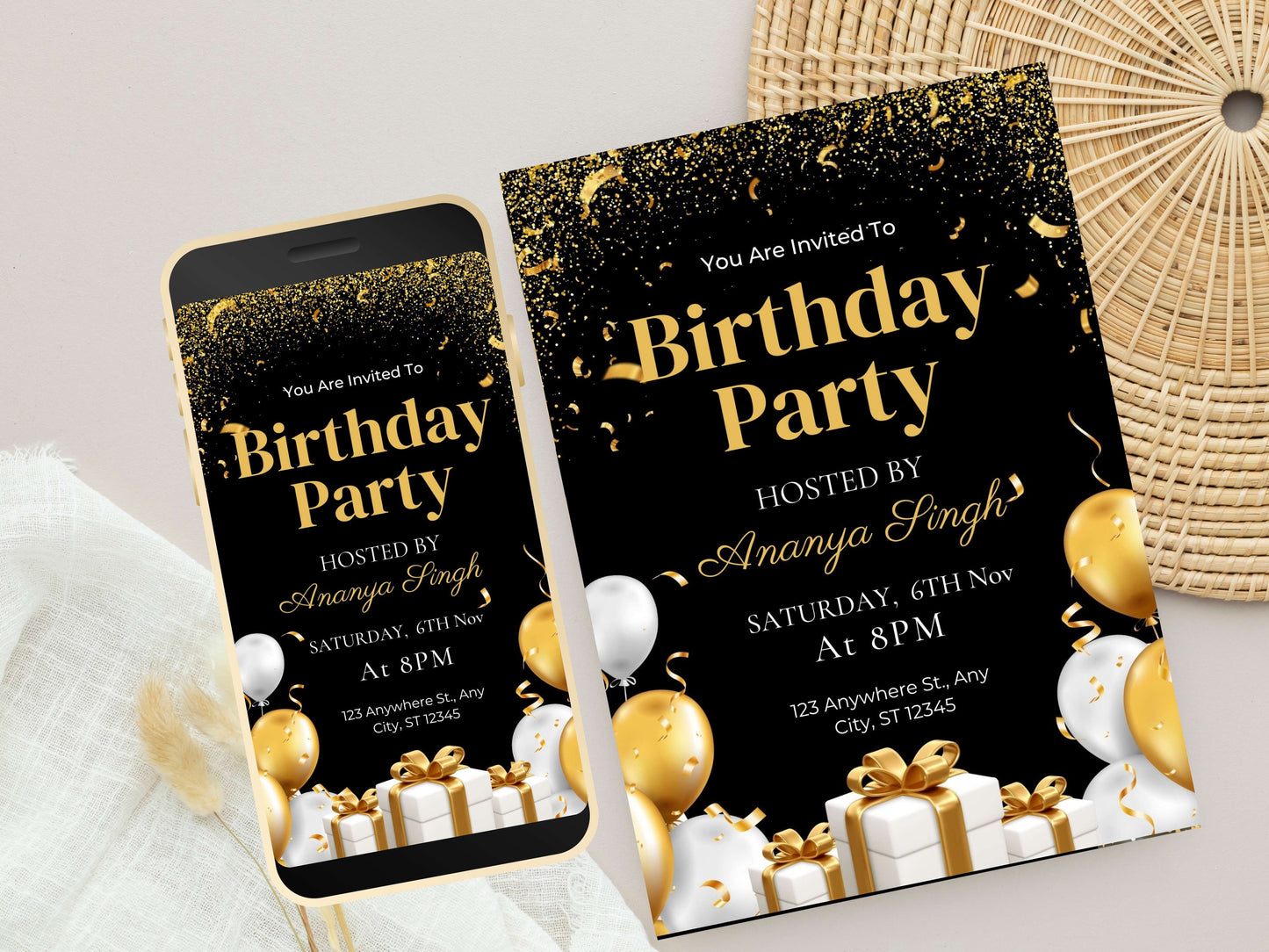 Video Birthday Invite Digital, Text Birthday Invite, Animated Birthday Invite, Black Birthday Invitation, 5 x 7 card Invitation. WEIB76