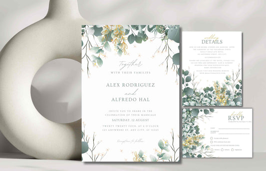 Sage Green Wedding Invitation Template, Editable Template, Greenery Eucalyptus Invitation Suite, Wedding Invites Template Editable. WI104 - A1 Majestic