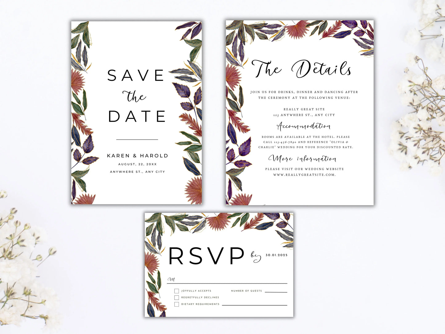 Wedding Invitation Bundle Template With RSVP and Details Card. WT61 A1 Majestic