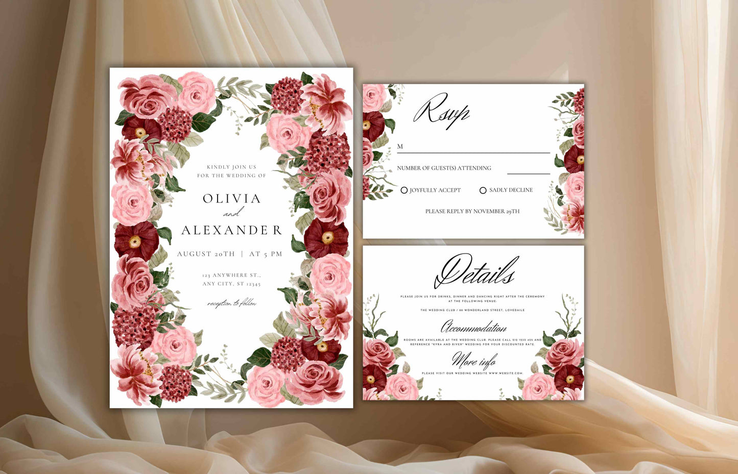 Burgundy Wedding Invitation Template, Wedding Invite Suite, Details Card, Template, Editable Invitation , Printable RSVP, Download. WI95