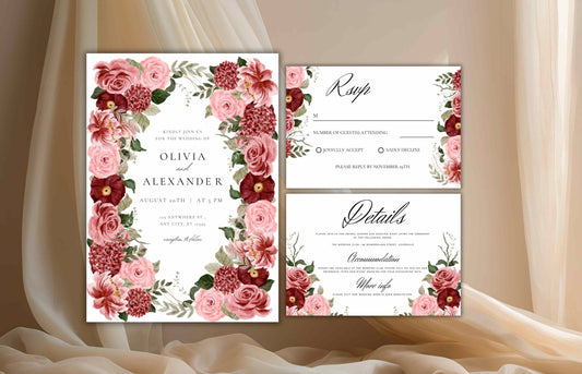 Burgundy Wedding Invitation Template, Wedding Invite Suite, Details Card, Template, Editable Invitation , Printable RSVP, Download. WI95