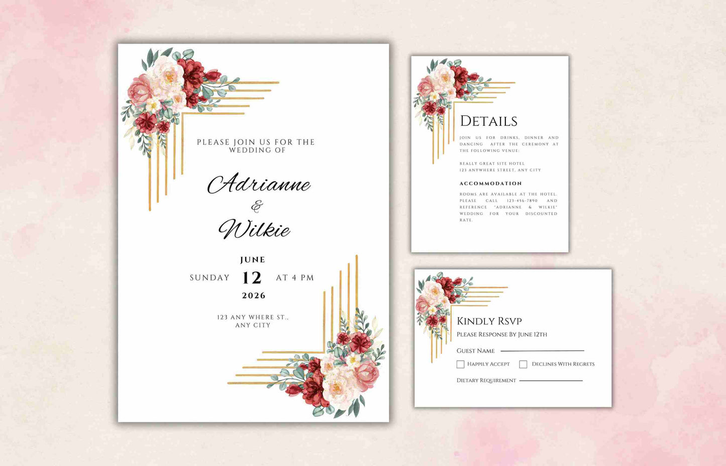 Burgundy Wedding Invitation Template, Wedding Invite Suite, Details Card, Template, Editable Invitation , Printable RSVP, Download. WI103 - A1 Majestic