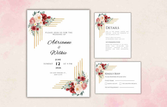 Burgundy Wedding Invitation Template, Wedding Invite Suite, Details Card, Template, Editable Invitation , Printable RSVP, Download. WI103 - A1 Majestic