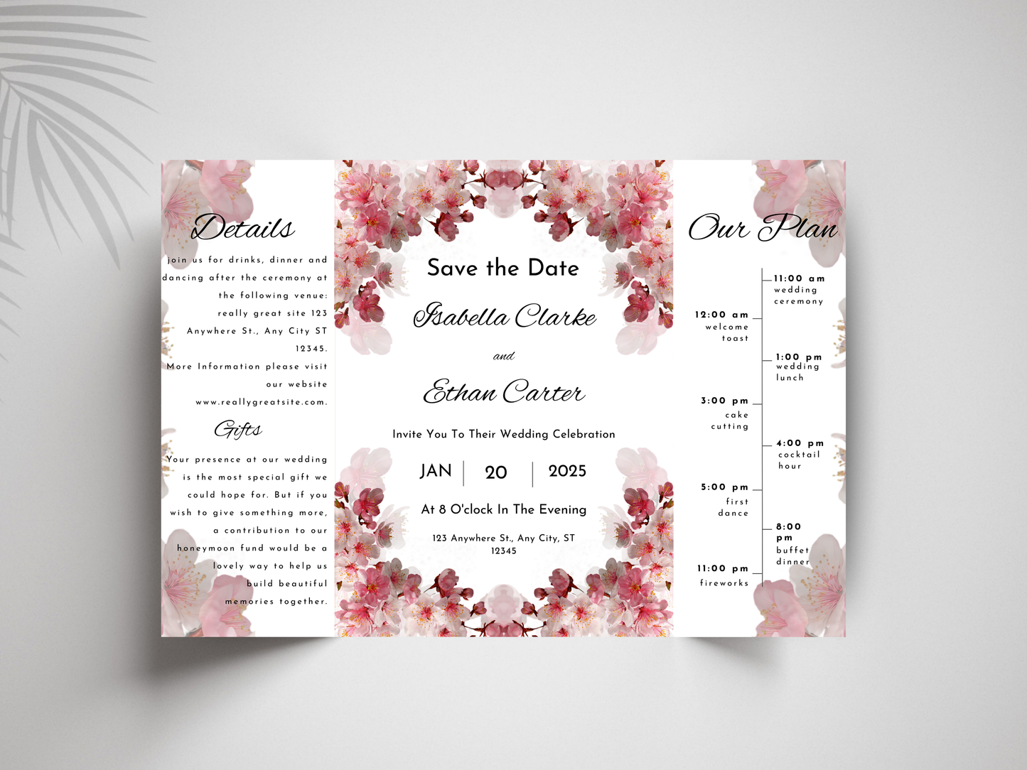 Blush Floral Gatefold Wedding Invitation Template |  Cherry Blossom Wedding Suite | Printable Save The Date & Details Card. WI179