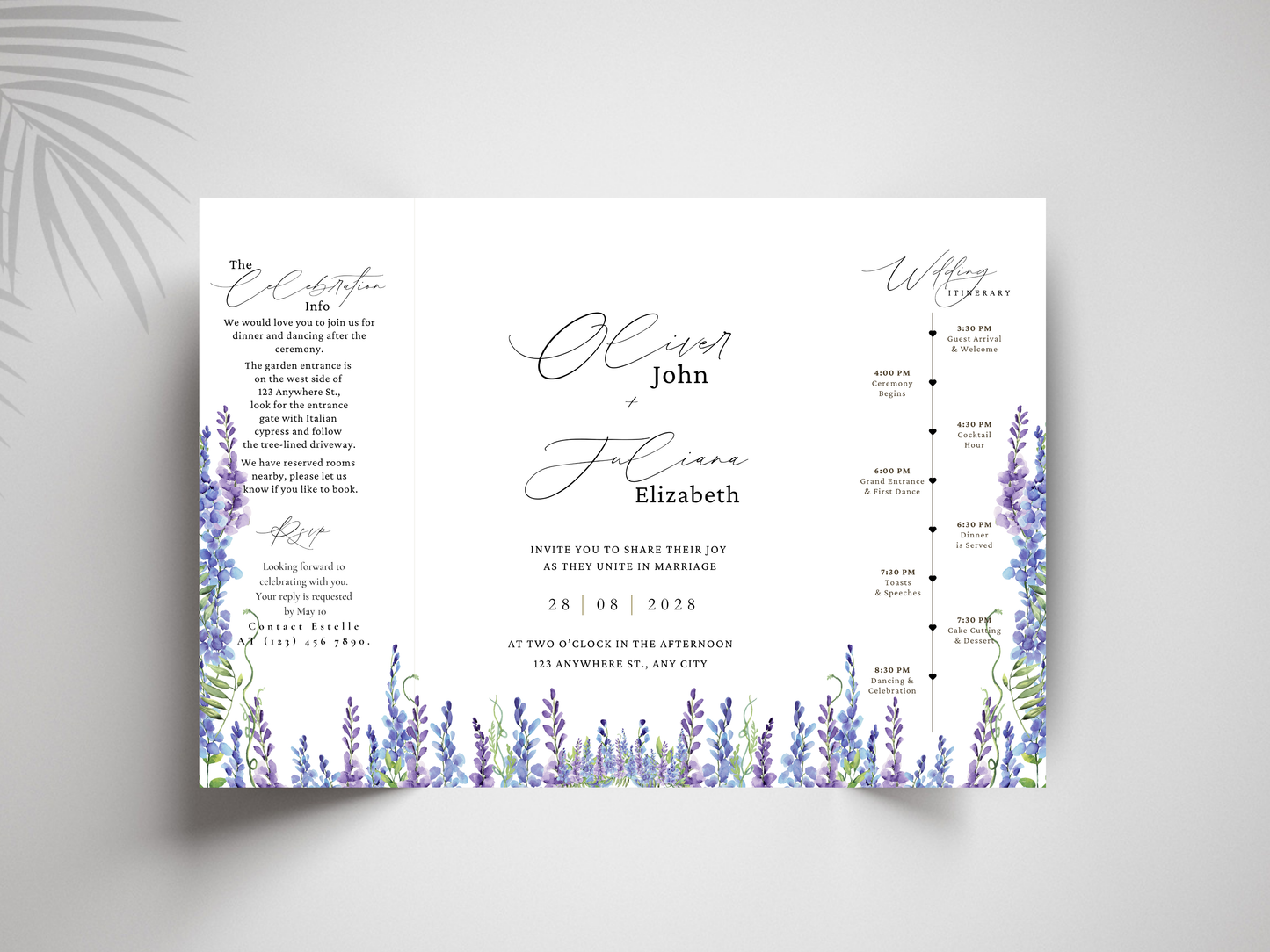 Lavender Wedding Invitation Template, Elegant Floral Itinerary Invite, Rustic Garden Wedding Suite, Editable Purple Flower Invitation.WI178