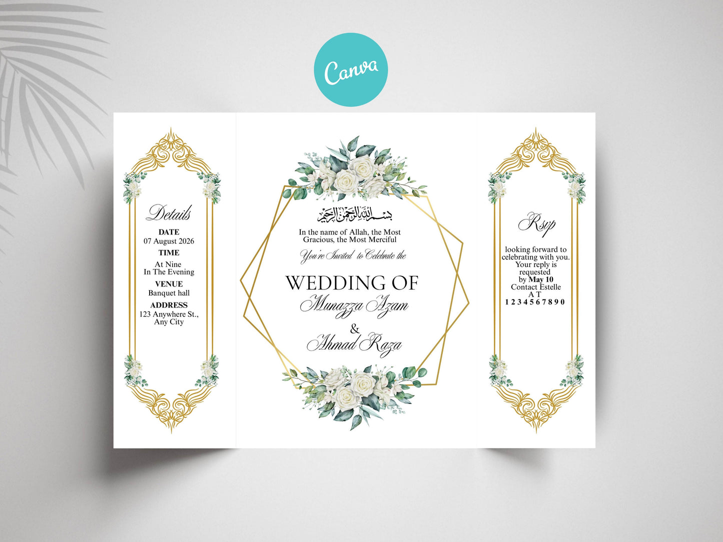 Islamic Wedding Invitation | Elegant Bismillah Card | Muslim Nikah Invitation | Green Floral Wedding Card | Printable Template. WI145