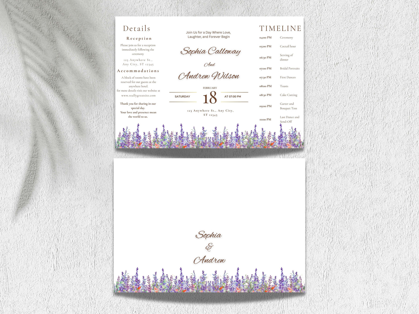 Elegant Floral Wedding Invitation with Timeline & Details | Purple Lavender Watercolor Template | Printable Reception Card. WIB130
