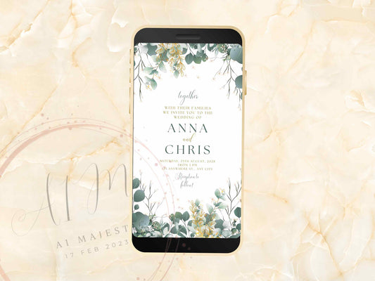 Green Electronic Wedding Invitation, Digital Wedding Invitation, E-Invite, Minimalistic - Personalized Electronic invite. WEI50 - A1 Majestic