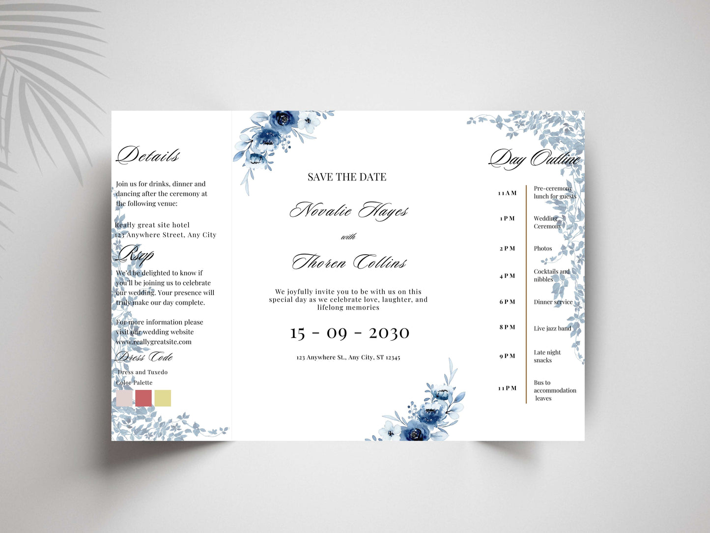 Blue Floral Wedding Itinerary Template, Save The Date Schedule Card, Elegant Navy Wedding Day Timeline, Printable Itinerary Invitation.WI175