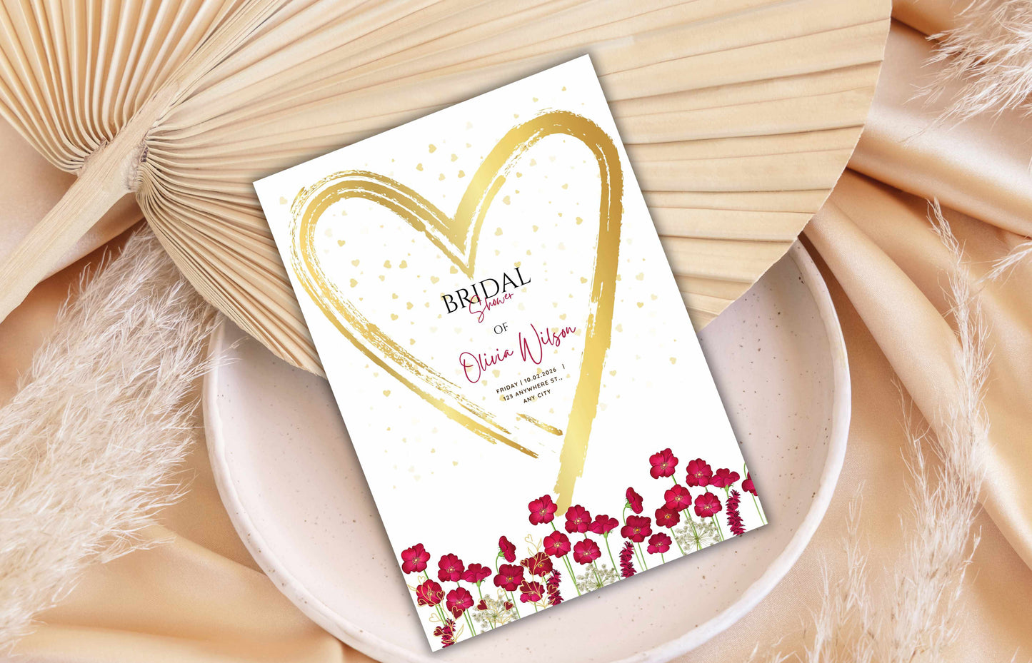Wedding Invitation Template, Pink Wild Flower Wedding Invitation, Gold Heart Wedding Card, Romantic marriage Invitation, Editable BV61