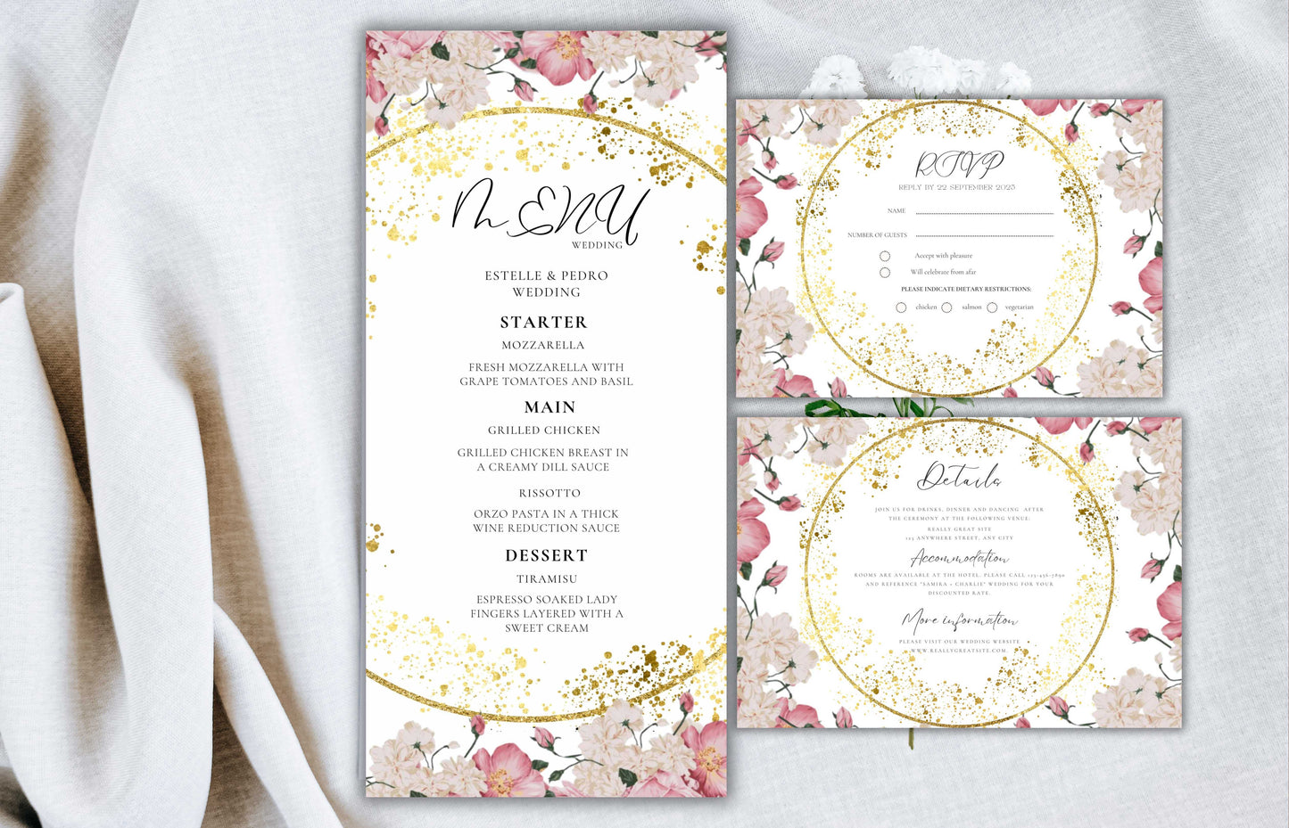 Pink Rose Wedding Invitation Bundle, RSVP, Thank You Card, Pink Rose Bridal Shower, Floral Suite, Party Menu, Details Card, Template, WB2