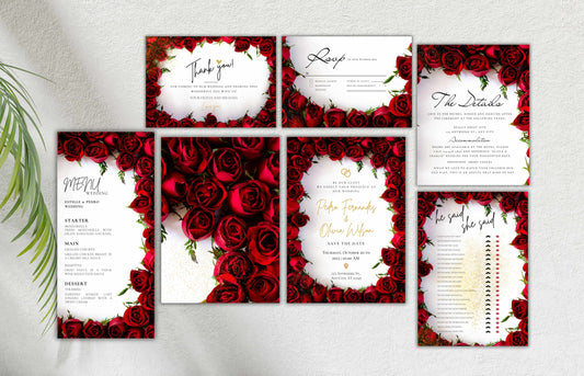 Red Rose Wedding Invitation Bundle, RSVP, Thank You Card, Red Rose Bridal Shower, Games Wedding Party Menu, Details Card, Template, WB3