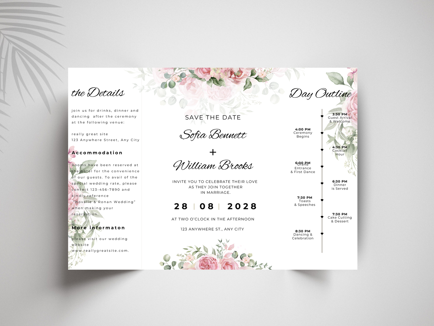 Floral Wedding Itinerary Template, Save the Date Timeline Card, Editable Canva Template, Wedding Day Schedule, Printable Details Card. WI181