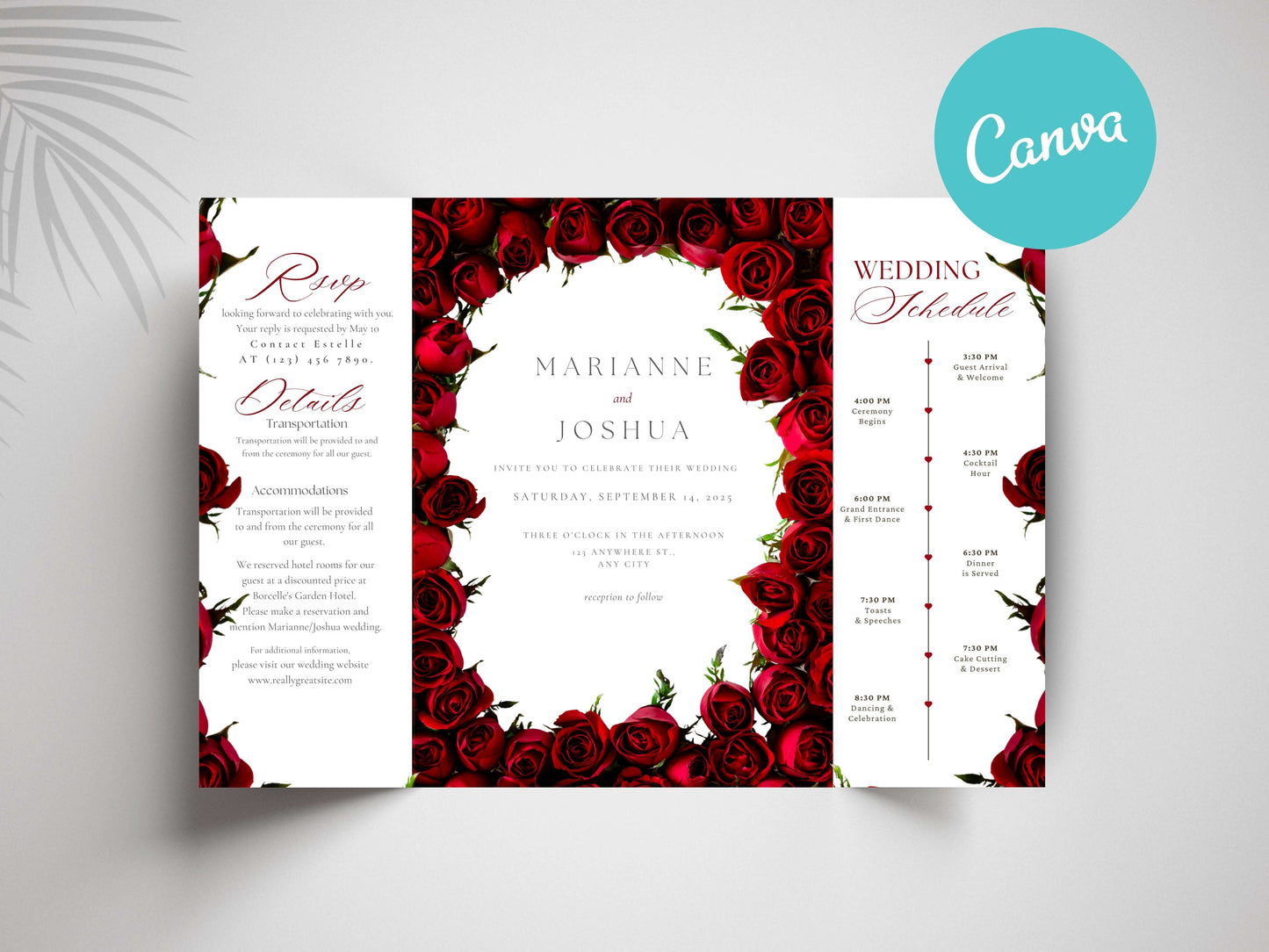 Elegant Red Rose Gatefold Wedding Invitation | Romantic Floral Wedding Card | Printable Wedding Invite with Schedule & RSVP. WI139
