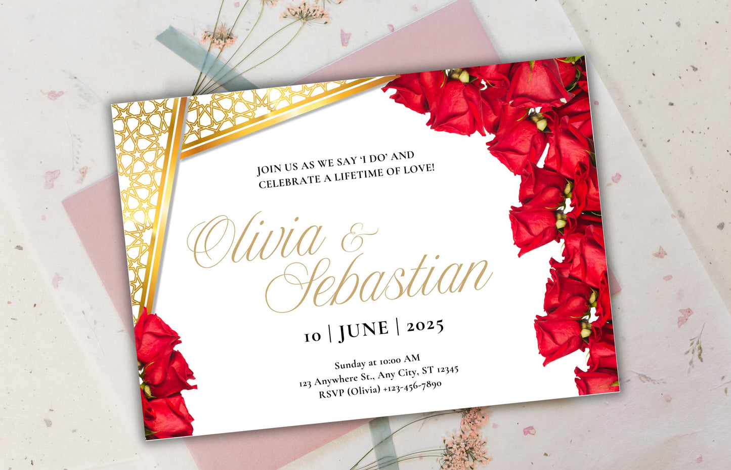 Elegant Red Roses Wedding Invitation - Editable Digital Template for Print - Customizable Romantic Wedding Invitation. WIB74