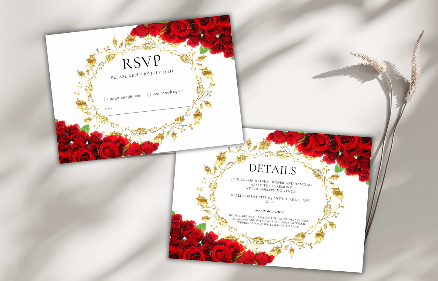Red Rose Wedding Invitation Gold Frame set, Red Rose Wedding Invitation, Red Roses Wedding Invitation set, Editable Rsvp, Detail Card. WI121