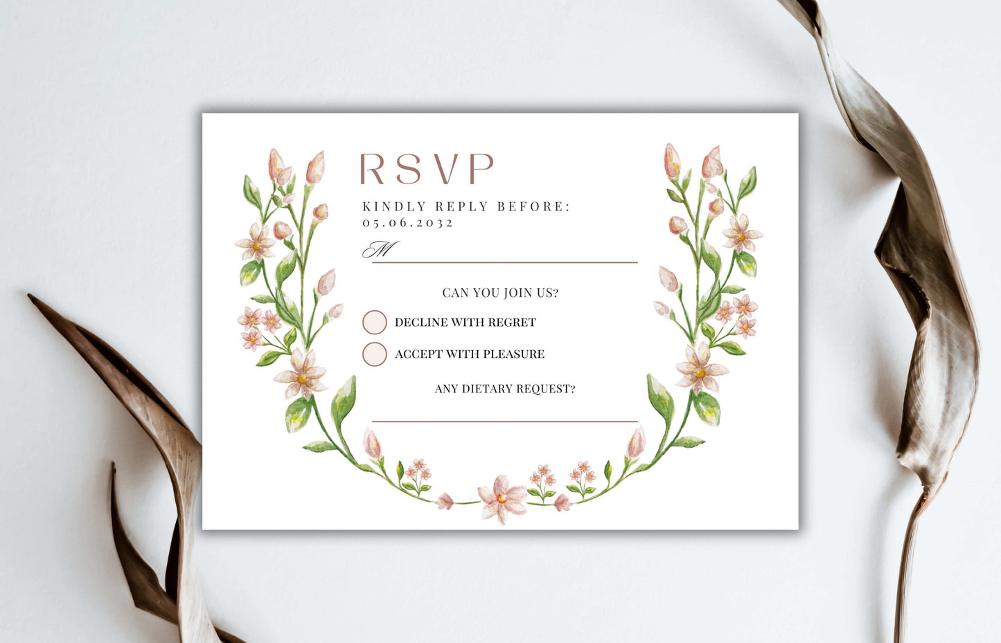 Ribbon Bow Wedding invitation Pink Green floral wedding invite, Spring summer wedding invitation suite, RSVP, Details Card, Editable WIB82
