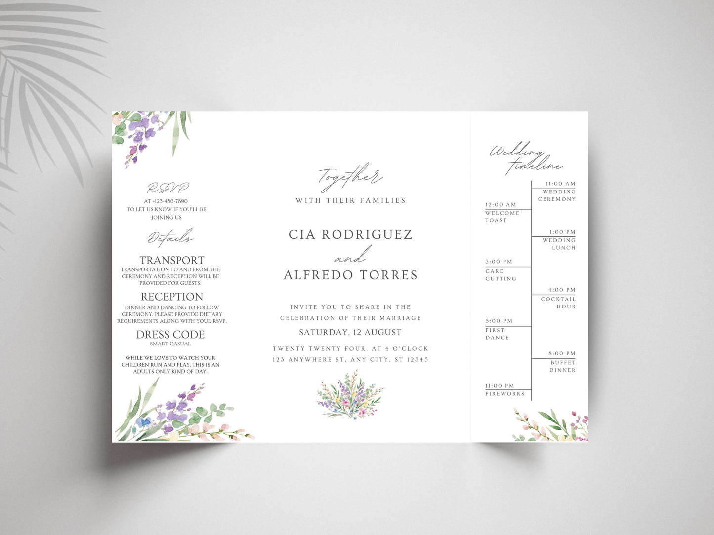 Elegant Floral Gatefold Wedding Invitation | Modern Minimalist Invite | Rustic Boho Wedding Card with Timeline & RSVP Details. WI131