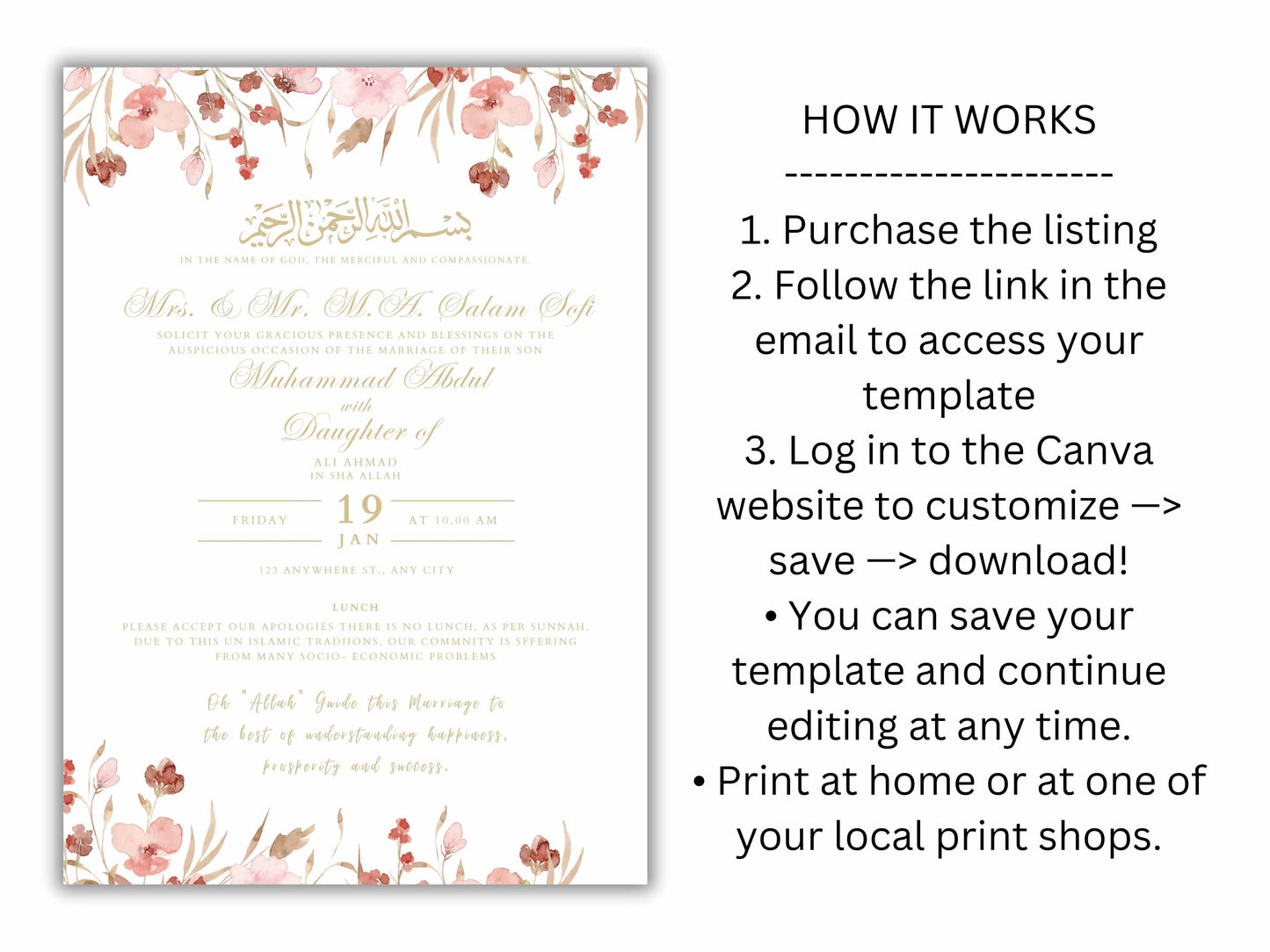 Floral Muslim Wedding Invitation Template, Wedding Card, Muslim Wedding Invitation, Islamic wedding invite, Editable Canva Template. WT37