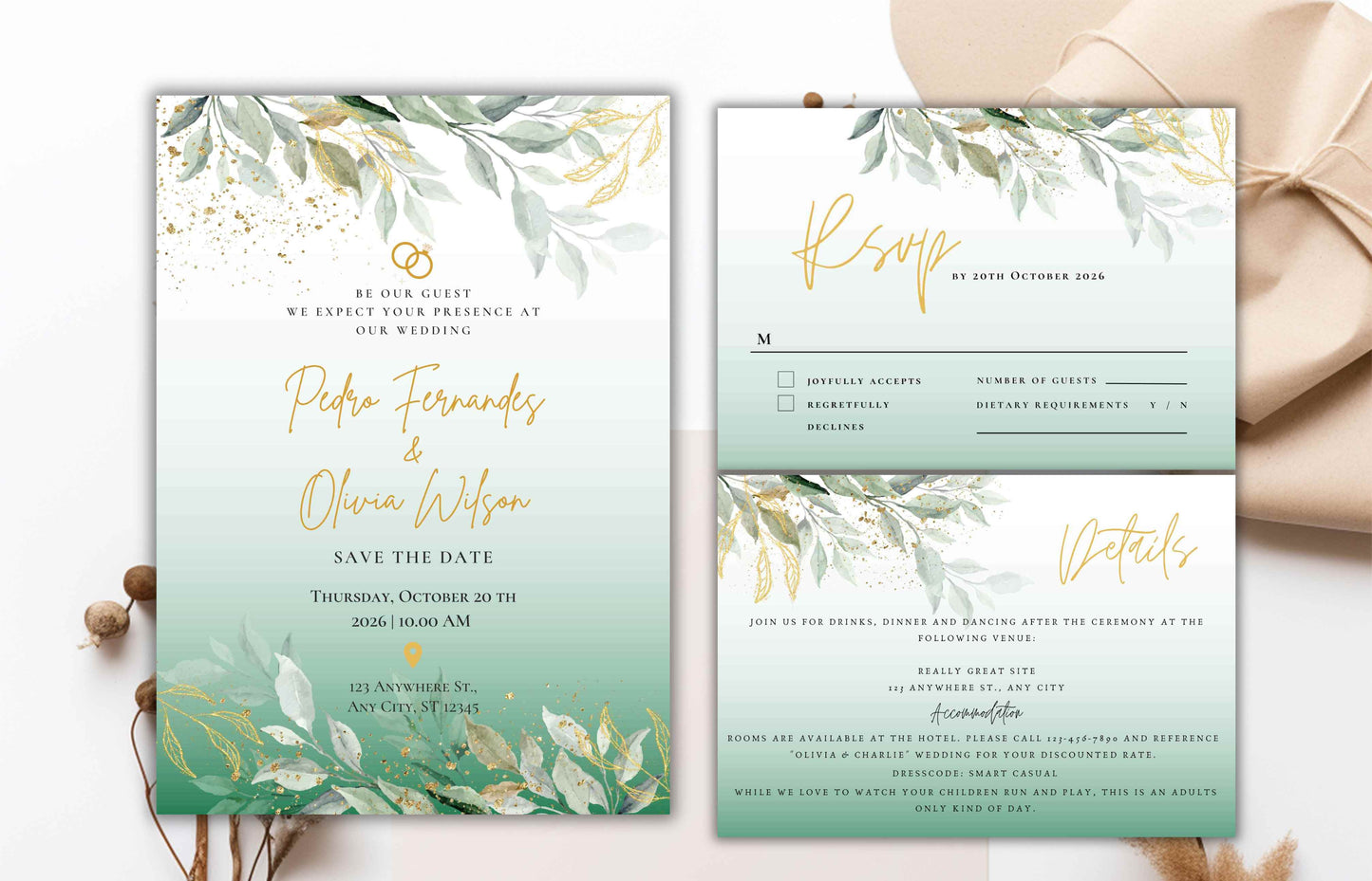 Sage Green Wedding Invitation Template, Editable Template, Greenery Eucalyptus Invitation Suite, Wedding Invites Template Editable. WI96