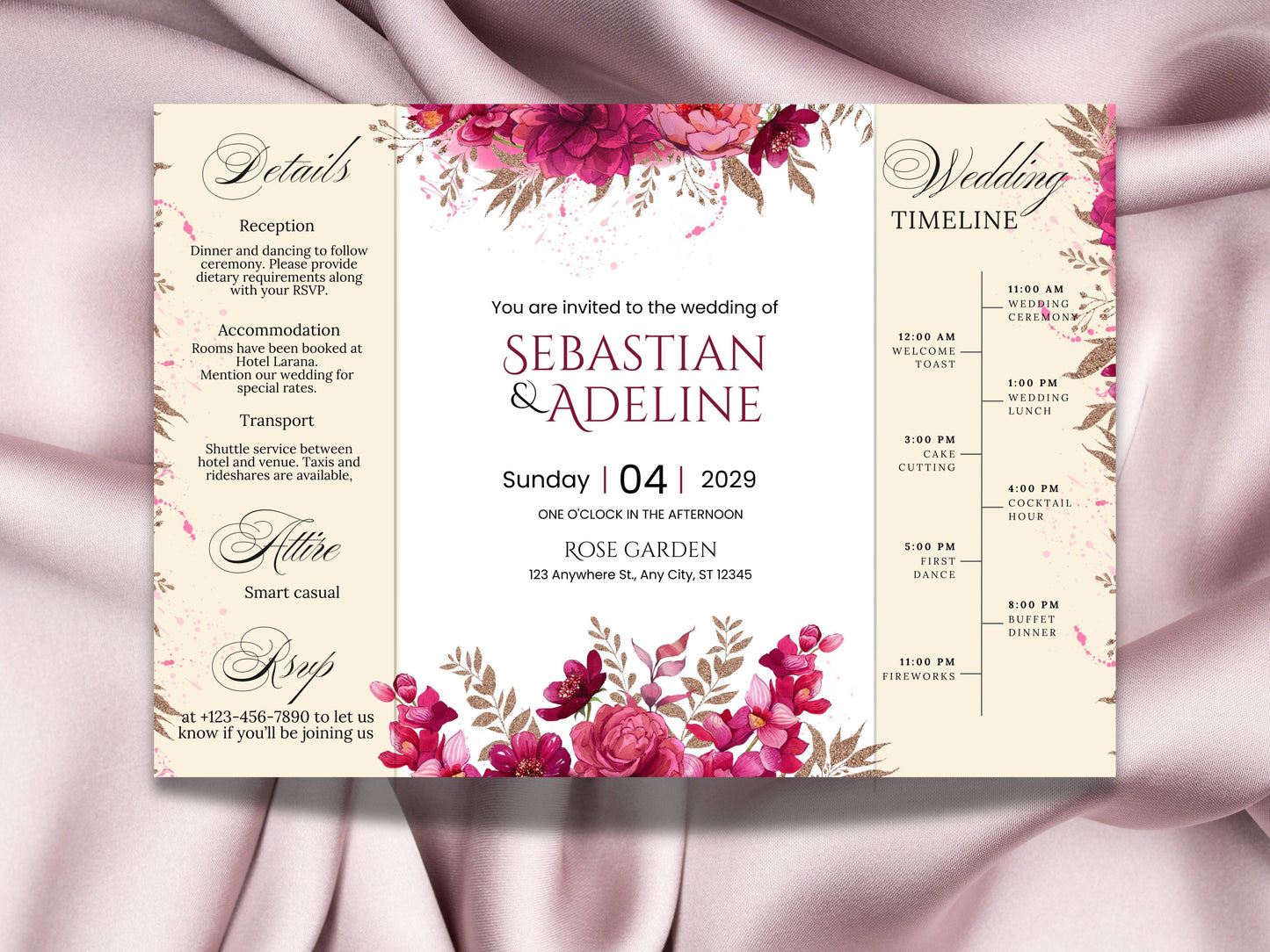 Wedding Invitation Trifold Template Canva, INSTANT DOWNLOAD, Pink Florals Trifold Invite Photo, Floral Pink Trifold Card,Pink Floral. WIB119