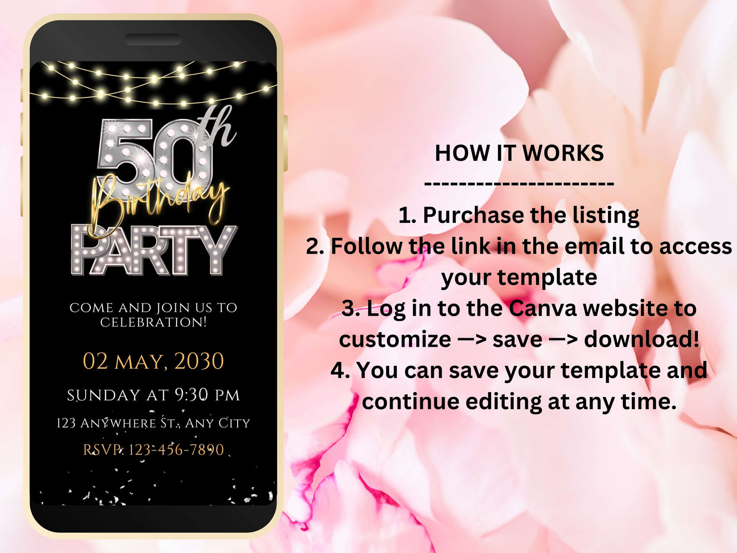Digital 50th Birthday Party Invitation Video Template, Editable Invite, Women’s Birthday Animated Canva Evite, Online Invitation, WEIB64