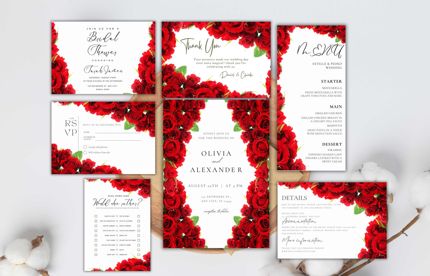 Red Rose Wedding Invitation Bundle, RSVP, Thank You Card, Red Rose Bridal Shower, Games Wedding Party Menu, Details Card, Template, WB1