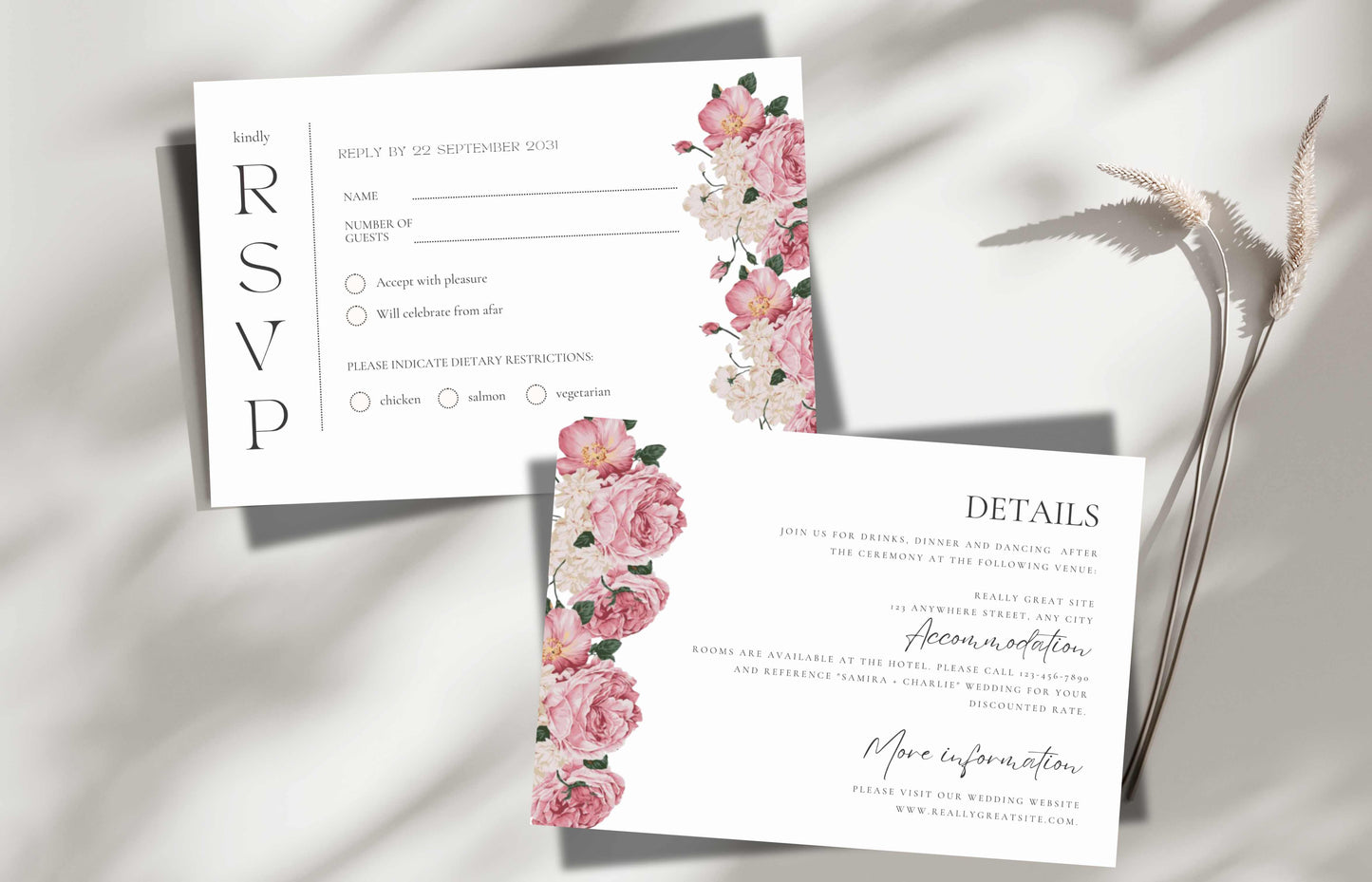 Pink Rose Wedding Invitation, Floral wedding invitation template suite, Editable Rsvp, Digital invitation template, Wedding Invites. WE118