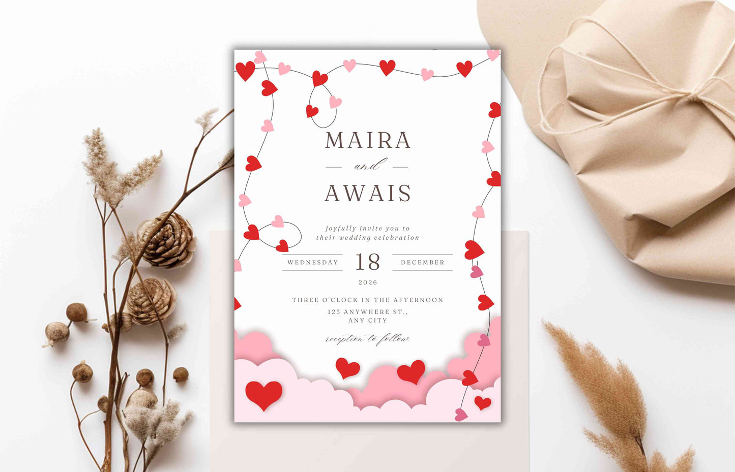 Romantic Wedding Invitation Template, Wedding Invitations Valentine Suite, RSVP, Detail Card, Red Hearts Invitation, Pink Heart Invite. WI98